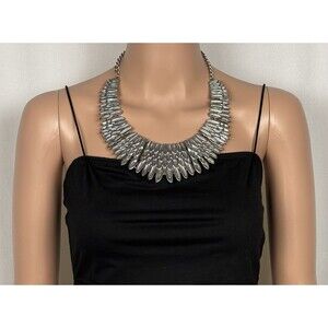 Silver Tone Statement Bib Necklace Tiered Feather Fringe Leaf Collar Chunky 15”